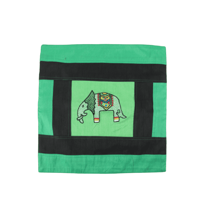 Indha Hand Embroidered Cushion Cover Elephant-Embroidery | Dupion Silk Cushion Cover |  Corporate Gifting | Home Furnishing | Home Improvement | Home Decor | Set of 2,16x16 Inches Cushion Cover