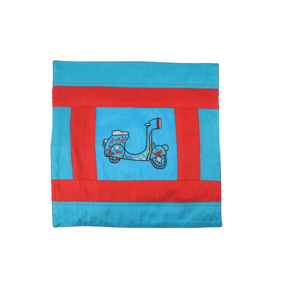 Indha Hand Embroidered Cushion Cover Scooter Embroidery | Dupion Silk Cushion Cover |  Corporate Gifting | Home Furnishing | Home Improvement | Home Decor | Set of 2,16x16 Inches Cushion Cover