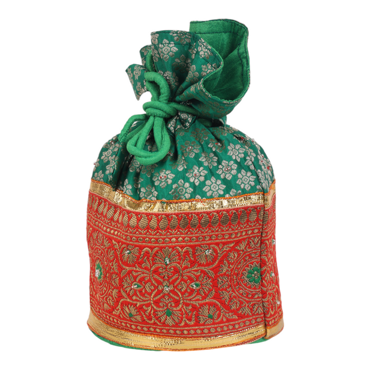 Indha Emerald Green Brocade Potli with Gota Lace Border – A Beautifully Crafted, Elegant Accessory for Celebrations, Weddings, and Traditional Festivities.