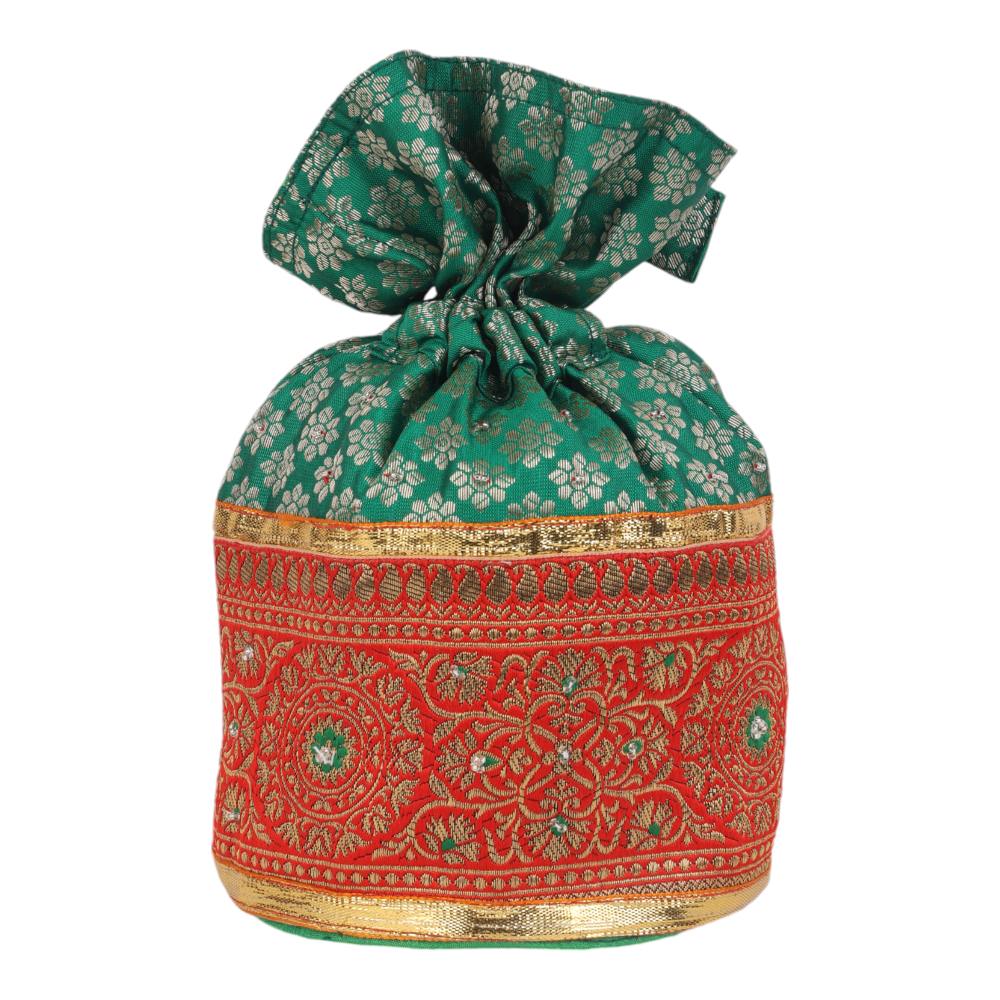 Indha Emerald Green Brocade Potli with Gota Lace Border – A Beautifully Crafted, Elegant Accessory for Celebrations, Weddings, and Traditional Festivities.