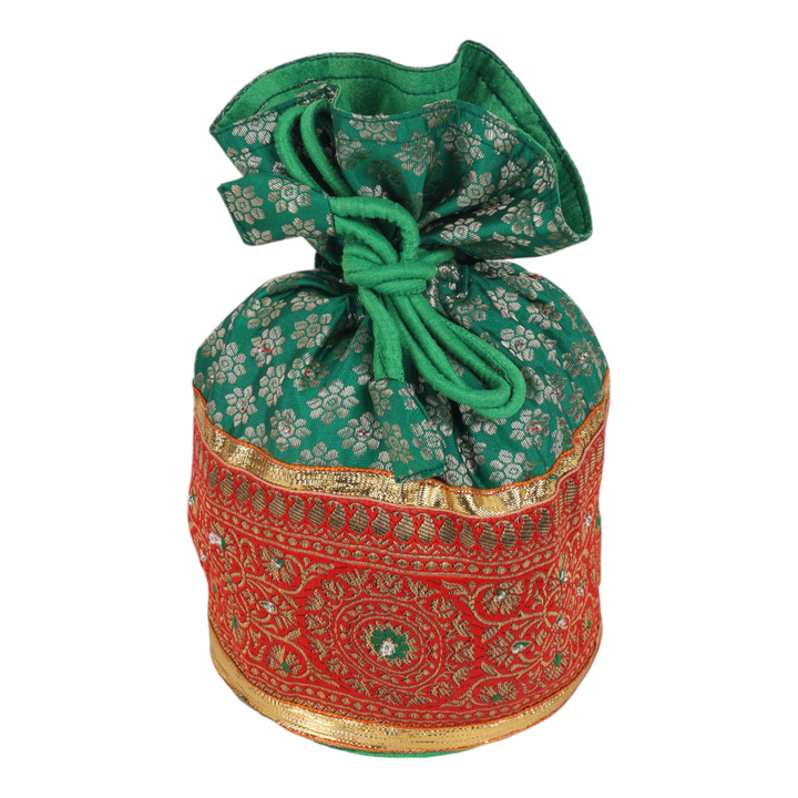 Indha Emerald Green Brocade Potli with Gota Lace Border – A Beautifully Crafted, Elegant Accessory for Celebrations, Weddings, and Traditional Festivities.