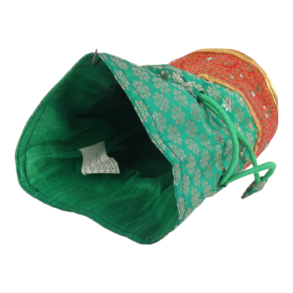 Indha Emerald Green Brocade Potli with Gota Lace Border – A Beautifully Crafted, Elegant Accessory for Celebrations, Weddings, and Traditional Festivities.
