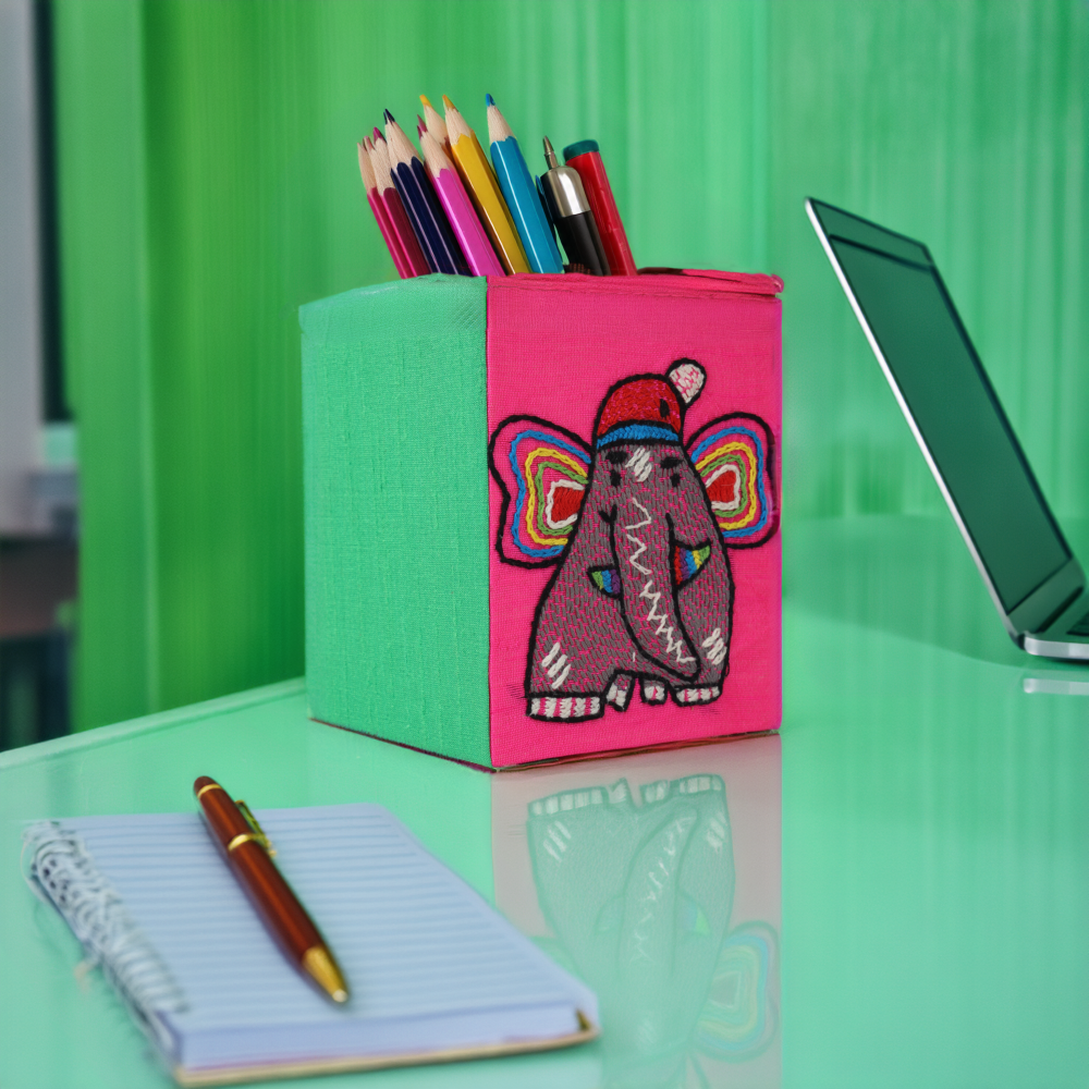 Indha Enhancing Pen Holder For Students | Handcrafted Pen-Organizer| Ocean Green Baby Pink Pen Stand| Cerise Red I Embroidered Elephant Design | Dual Colour Pen stand | Handmade Penholder|