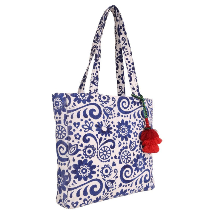 INDHA Hand Block Printed Floral Madley Prints Shoulder Bag for Women| White &amp; Blue Combination Sholder Bag