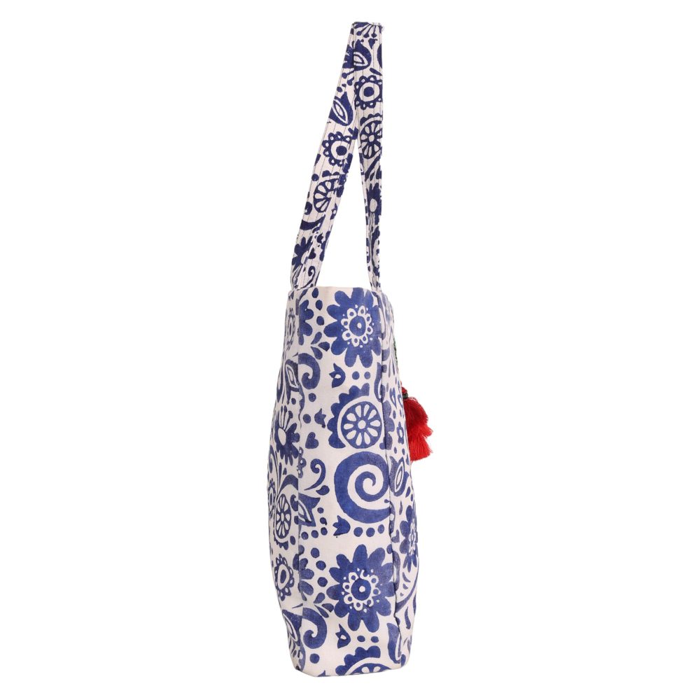 INDHA Hand Block Printed Floral Madley Prints Shoulder Bag for Women| White &amp; Blue Combination Sholder Bag