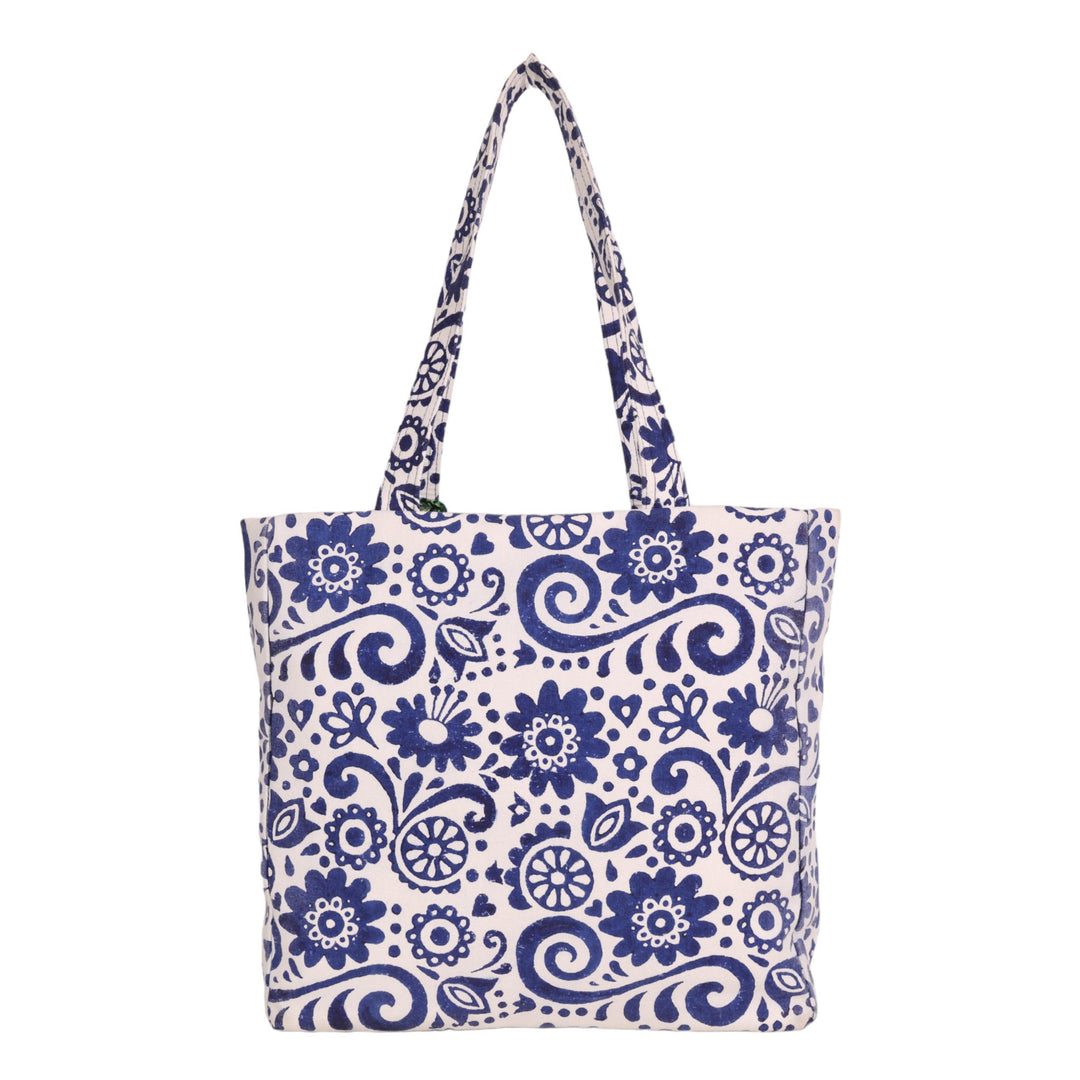 INDHA Hand Block Printed Floral Madley Prints Shoulder Bag for Women| White &amp; Blue Combination Sholder Bag