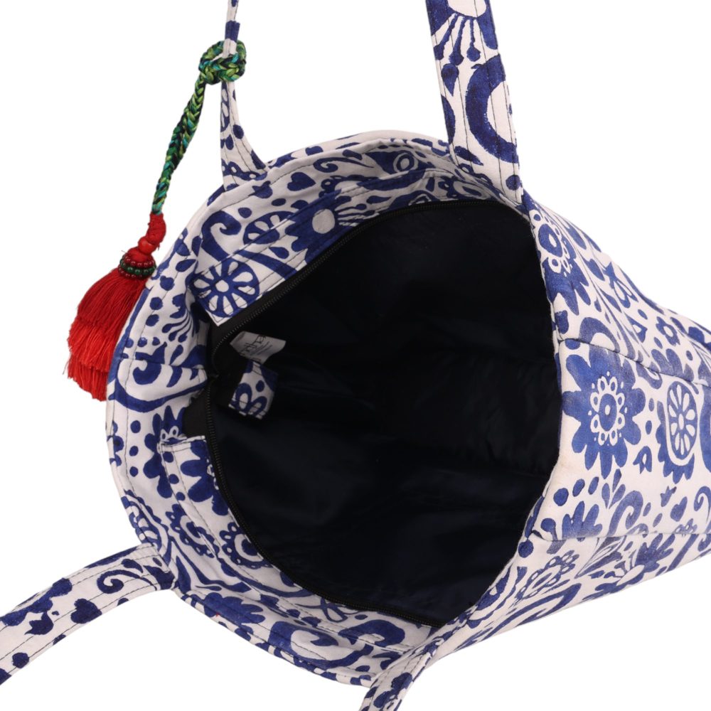 INDHA Hand Block Printed Floral Madley Prints Shoulder Bag for Women| White &amp; Blue Combination Sholder Bag