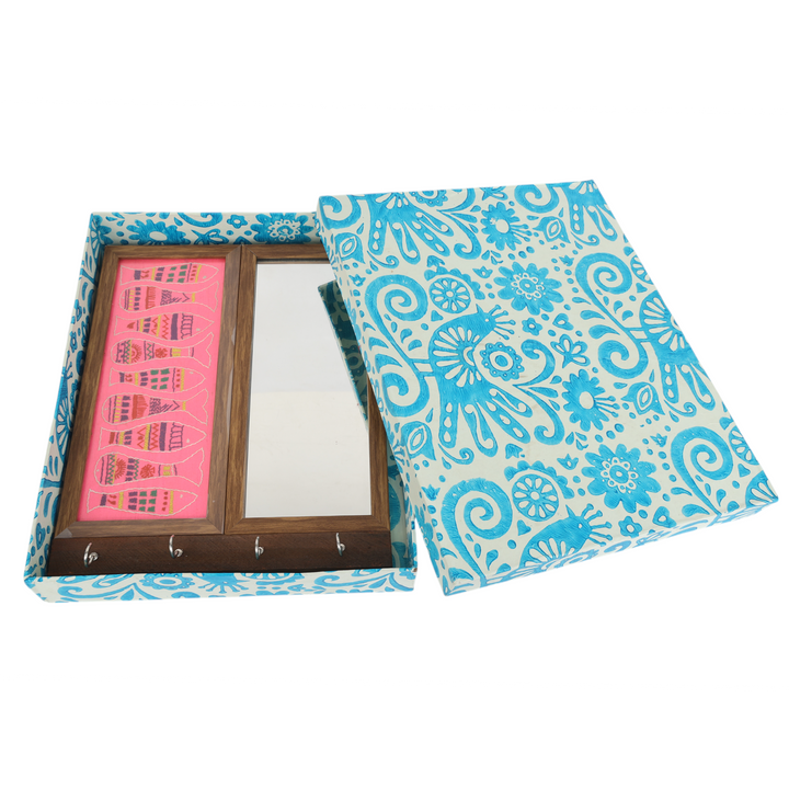 Indha Fish Embroidered Key Holder with Mirror | 4-Hook Wall Organizer in Repurposed Wood | Handcrafted Home Decor | Feng Shui-Inspired Entryway Accent