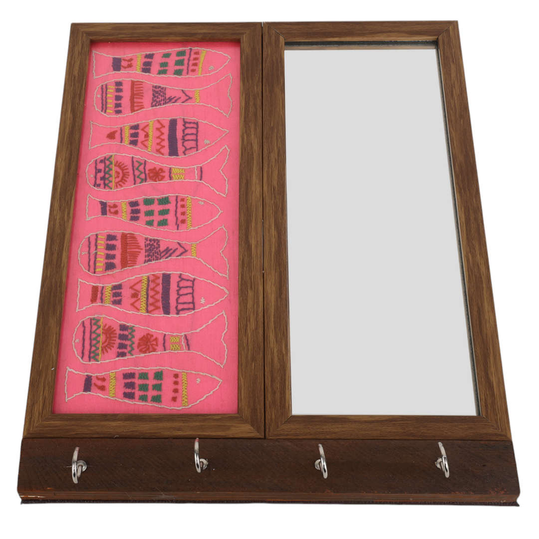 Indha Fish Embroidered Key Holder with Mirror | 4-Hook Wall Organizer in Repurposed Wood | Handcrafted Home Decor | Feng Shui-Inspired Entryway Accent