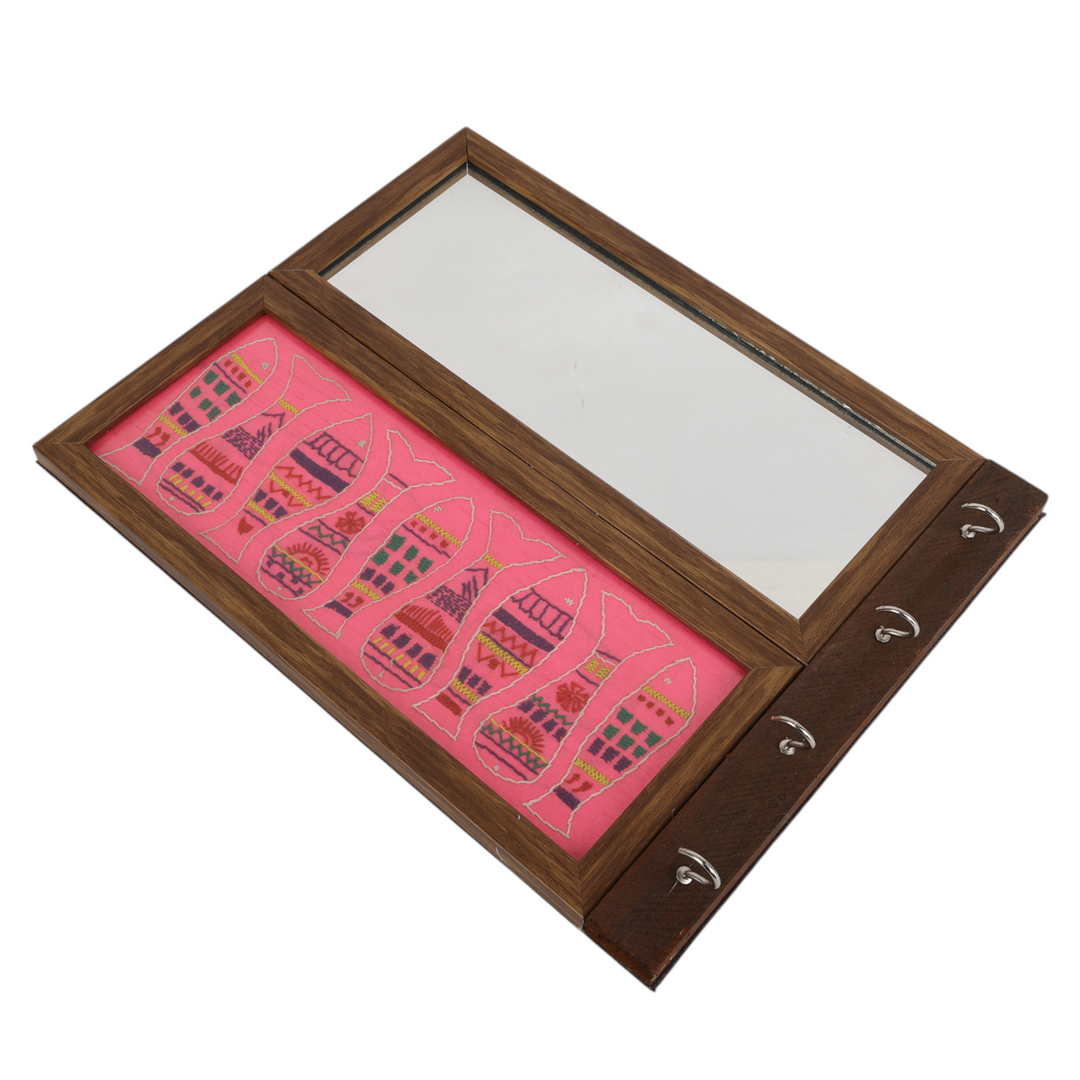 Indha Fish Embroidered Key Holder with Mirror | 4-Hook Wall Organizer in Repurposed Wood | Handcrafted Home Decor | Feng Shui-Inspired Entryway Accent