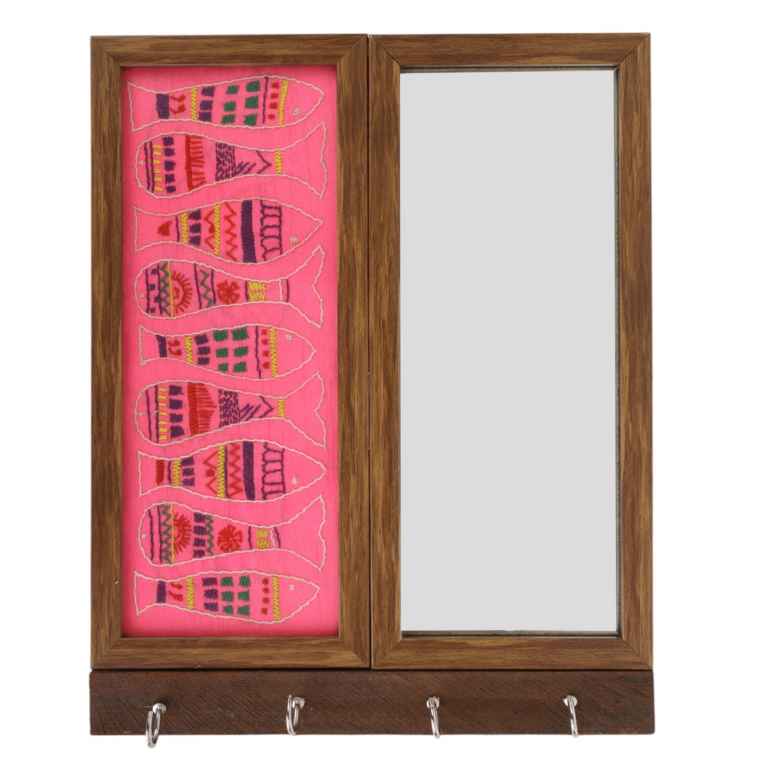 Indha Fish Embroidered Key Holder with Mirror | 4-Hook Wall Organizer in Repurposed Wood | Handcrafted Home Decor | Feng Shui-Inspired Entryway Accent