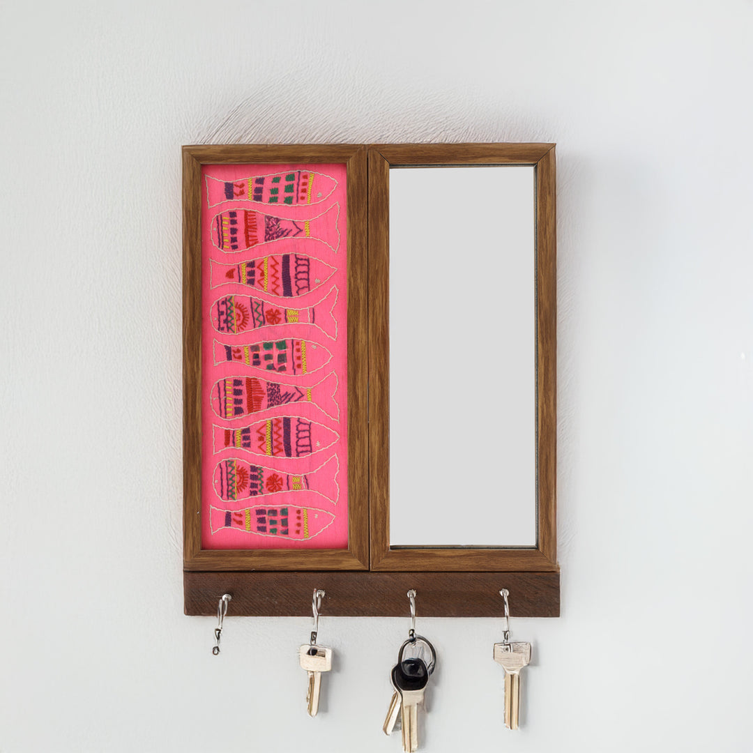 Indha Fish Embroidered Key Holder with Mirror | 4-Hook Wall Organizer in Repurposed Wood | Handcrafted Home Decor | Feng Shui-Inspired Entryway Accent
