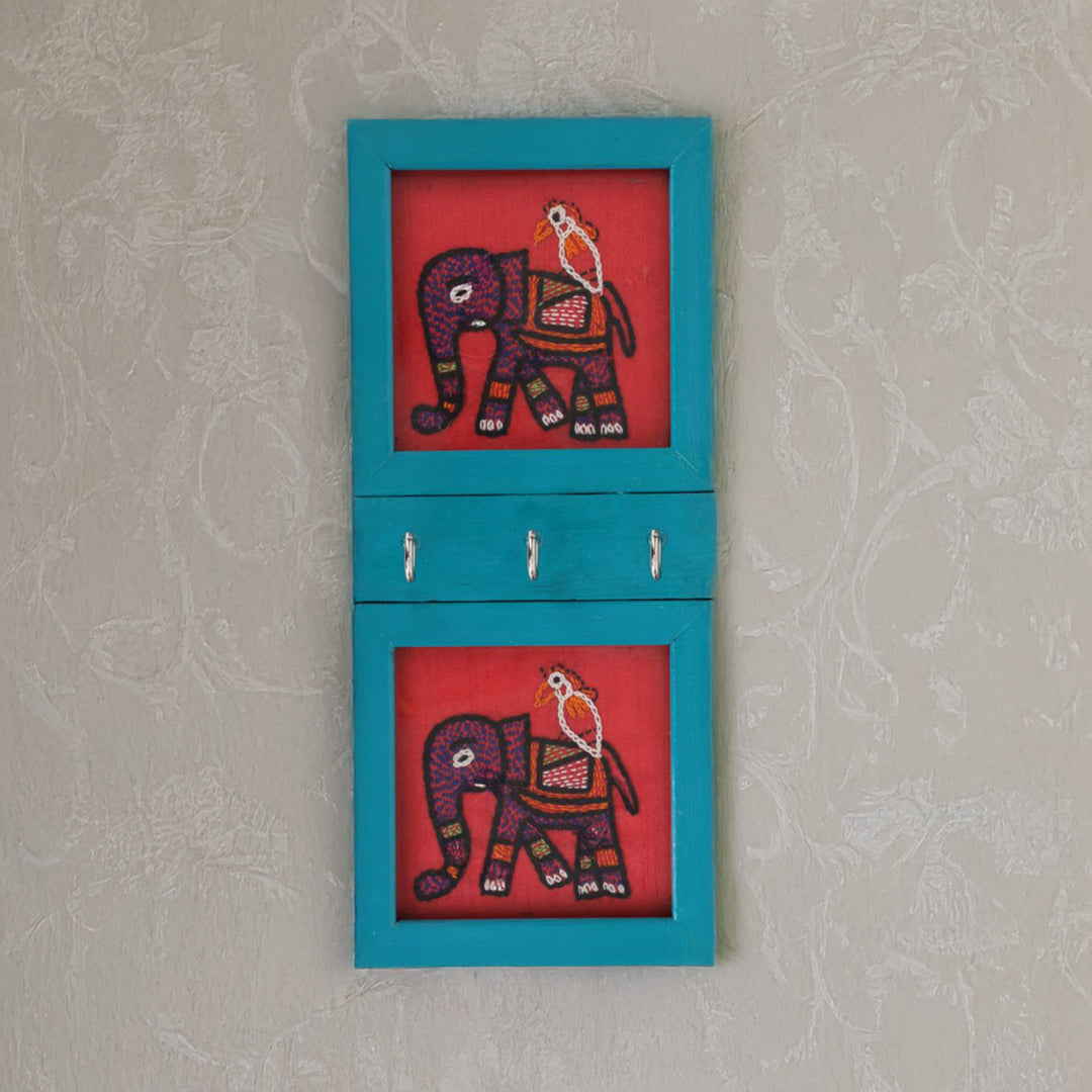 Indha Hand-Embroidered 3-Hook Key Holder | Elephant Motif Wall Art | Crafted with Repurposed Wood | Functional &amp; Artistic Home Accent