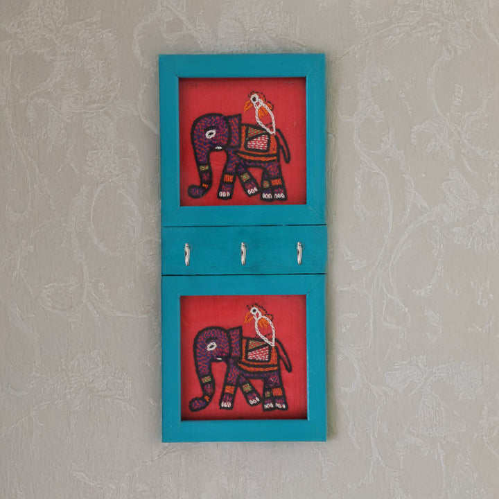 Indha Hand-Embroidered 3-Hook Key Holder | Elephant Motif Wall Art | Crafted with Repurposed Wood | Functional &amp; Artistic Home Accent