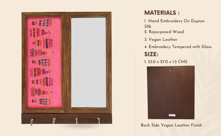 Indha Fish Embroidered Key Holder with Mirror | 4-Hook Wall Organizer in Repurposed Wood | Handcrafted Home Decor | Feng Shui-Inspired Entryway Accent