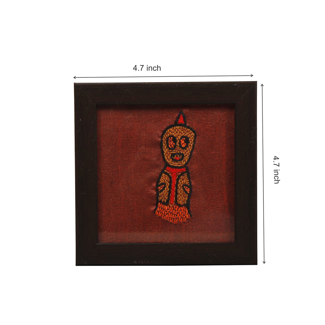 INDHA doodle monster design kantha work hand embroidered on rust dupion silk wooden glass coaster set | Set of 2 glass coaster | Hand embroidered utility décor |