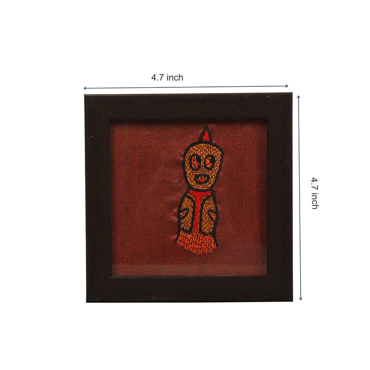 INDHA doodle monster design kantha work hand embroidered on rust dupion silk wooden glass coaster set | Set of 2 glass coaster | Hand embroidered utility décor |