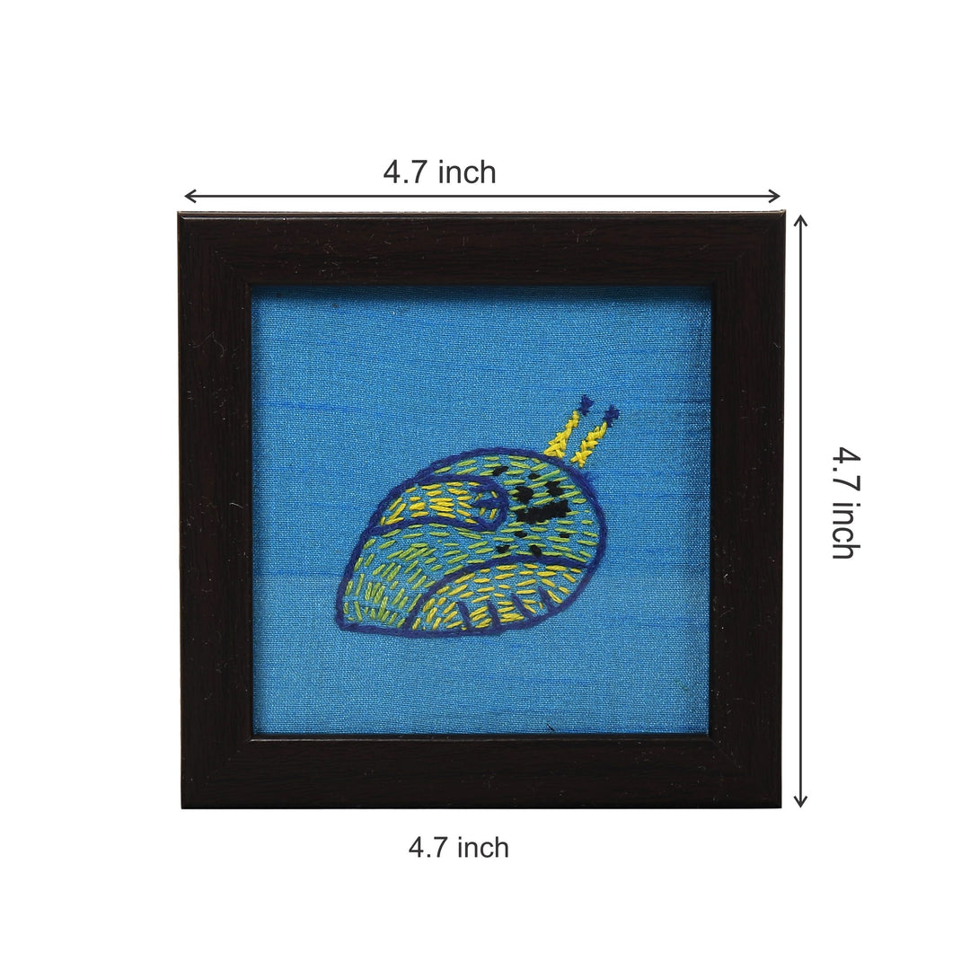 INDHA Snail Design Chain Stitch Hand embroidery On Sky Blue Dupion Silk Wooden Glass Coaster Set | Set Of 2 Glass Coaster | Hand Embroidered Utility Décor | Home Utility | Gifting |