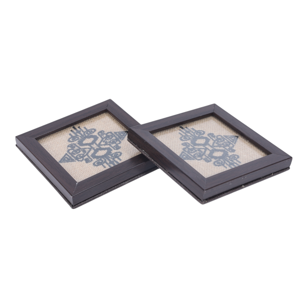 INDHA Abstract Design Hand Embroidery | Natural Jute &amp; Wooden Glass Coaster Set | Set of 2 Glass Coasters | Hand Embroidered Utility Décor | Home Utility | Gifting | Corporate Gifting | Table Décor | Dining Utility | Kitchen &amp; Dining