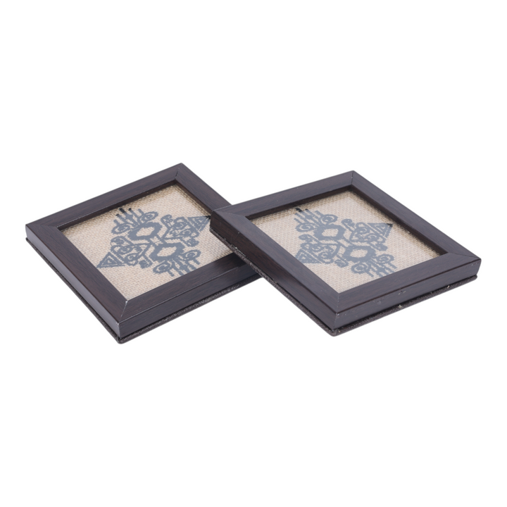 INDHA Abstract Design Hand Embroidery | Natural Jute &amp; Wooden Glass Coaster Set | Set of 2 Glass Coasters | Hand Embroidered Utility Décor | Home Utility | Gifting | Corporate Gifting | Table Décor | Dining Utility | Kitchen &amp; Dining