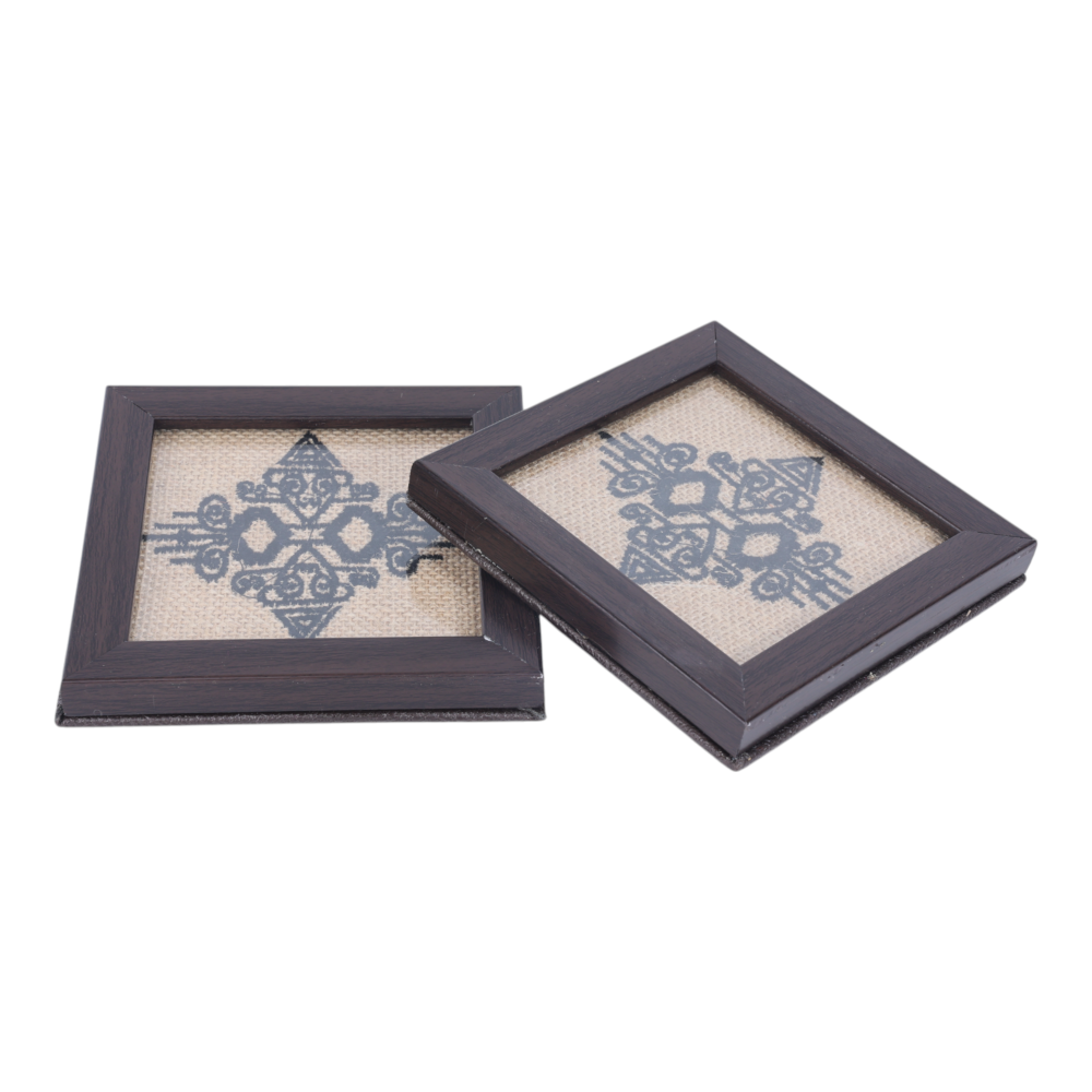 INDHA Abstract Design Hand Embroidery | Natural Jute &amp; Wooden Glass Coaster Set | Set of 2 Glass Coasters | Hand Embroidered Utility Décor | Home Utility | Gifting | Corporate Gifting | Table Décor | Dining Utility | Kitchen &amp; Dining
