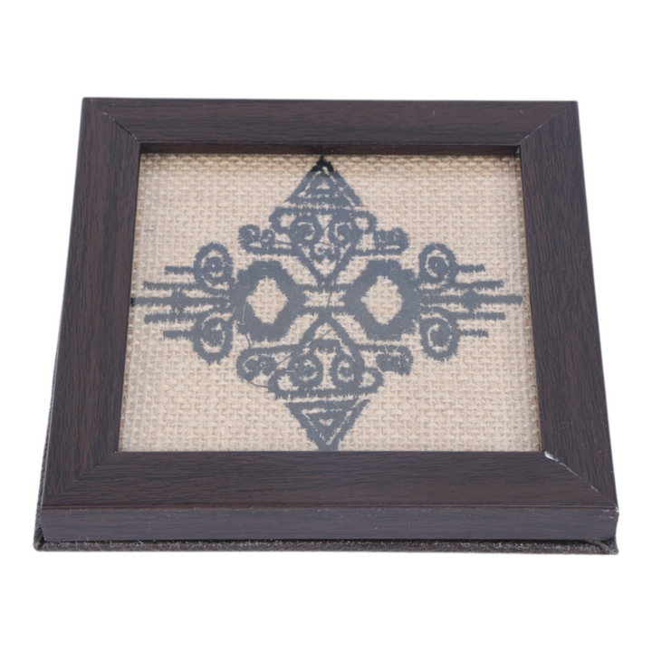 INDHA Abstract Design Hand Embroidery | Natural Jute &amp; Wooden Glass Coaster Set | Set of 2 Glass Coasters | Hand Embroidered Utility Décor | Home Utility | Gifting | Corporate Gifting | Table Décor | Dining Utility | Kitchen &amp; Dining