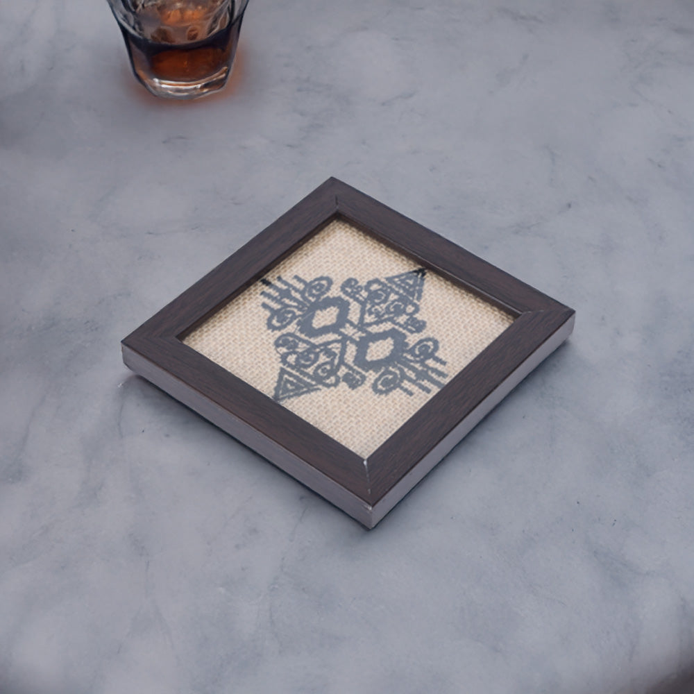 INDHA Abstract Design Hand Embroidery | Natural Jute &amp; Wooden Glass Coaster Set | Set of 2 Glass Coasters | Hand Embroidered Utility Décor | Home Utility | Gifting | Corporate Gifting | Table Décor | Dining Utility | Kitchen &amp; Dining