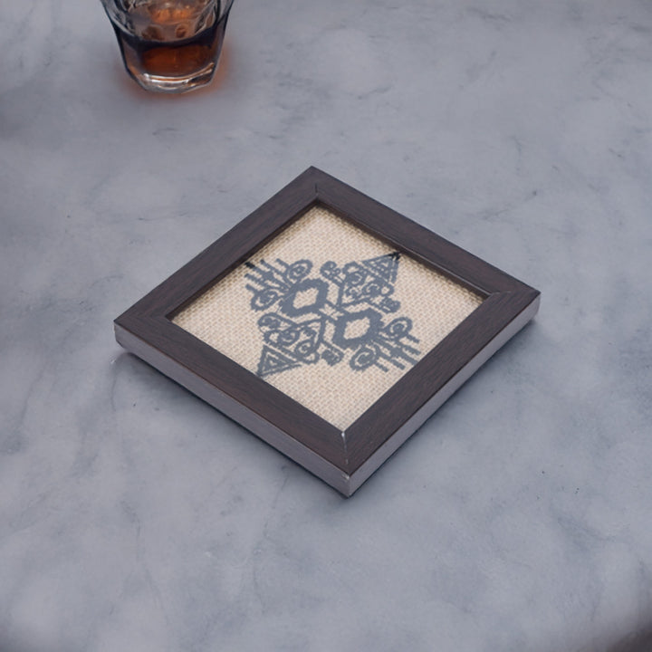 INDHA Abstract Design Hand Embroidery | Natural Jute &amp; Wooden Glass Coaster Set | Set of 2 Glass Coasters | Hand Embroidered Utility Décor | Home Utility | Gifting | Corporate Gifting | Table Décor | Dining Utility | Kitchen &amp; Dining
