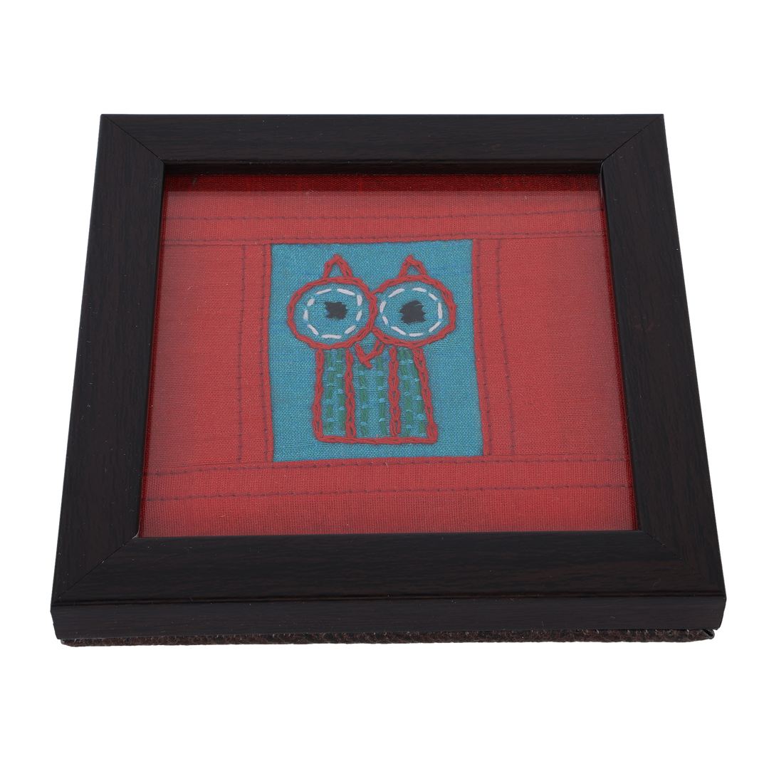 Indha Owl Design Chain Stitch Handcrafted Embroidered On Sky Blue Dupion Silk Wooden Glass Coaster Set | Set Of 2 Glass Coaster | Hand Embroidered Utility Décor | Home Utility | Gifting | Corporate Gifting | Handcrafted Décor |Dining Utility | Gift Item
