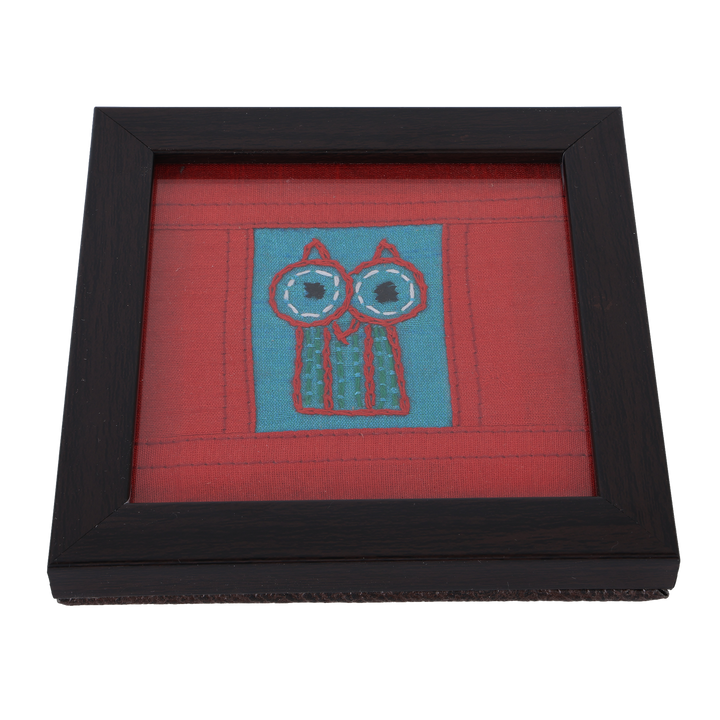 Indha Owl Design Chain Stitch Handcrafted Embroidered On Sky Blue Dupion Silk Wooden Glass Coaster Set | Set Of 2 Glass Coaster | Hand Embroidered Utility Décor | Home Utility | Gifting | Corporate Gifting | Handcrafted Décor |Dining Utility | Gift Item