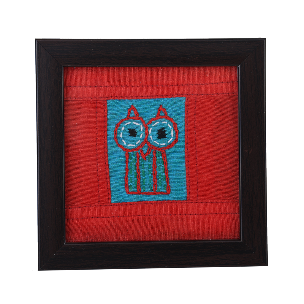 Indha Owl Design Chain Stitch Handcrafted Embroidered On Sky Blue Dupion Silk Wooden Glass Coaster Set | Set Of 2 Glass Coaster | Hand Embroidered Utility Décor | Home Utility | Gifting | Corporate Gifting | Handcrafted Décor |Dining Utility | Gift Item