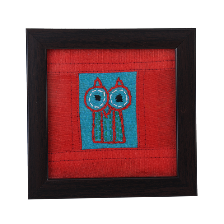Indha Owl Design Chain Stitch Handcrafted Embroidered On Sky Blue Dupion Silk Wooden Glass Coaster Set | Set Of 2 Glass Coaster | Hand Embroidered Utility Décor | Home Utility | Gifting | Corporate Gifting | Handcrafted Décor |Dining Utility | Gift Item