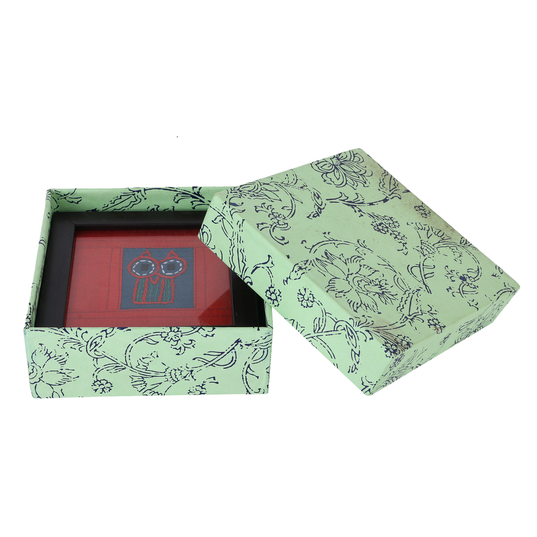 Indha Owl Design Chain Stitch Handcrafted Embroidered On Sky Blue Dupion Silk Wooden Glass Coaster Set | Set Of 2 Glass Coaster | Hand Embroidered Utility Décor | Home Utility | Gifting | Corporate Gifting | Handcrafted Décor |Dining Utility | Gift Item