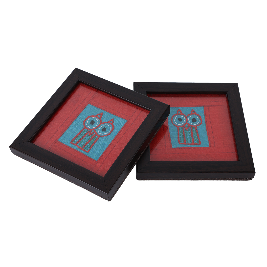 Indha Owl Design Chain Stitch Handcrafted Embroidered On Sky Blue Dupion Silk Wooden Glass Coaster Set | Set Of 2 Glass Coaster | Hand Embroidered Utility Décor | Home Utility | Gifting | Corporate Gifting | Handcrafted Décor |Dining Utility | Gift Item