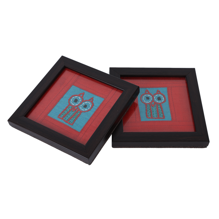 Indha Owl Design Chain Stitch Handcrafted Embroidered On Sky Blue Dupion Silk Wooden Glass Coaster Set | Set Of 2 Glass Coaster | Hand Embroidered Utility Décor | Home Utility | Gifting | Corporate Gifting | Handcrafted Décor |Dining Utility | Gift Item