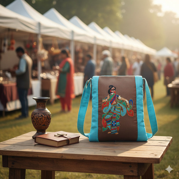 Handmade Embroidered Sling Bag | Colourful Dancing Woman Motif| Indian Classical Dance | Casual Crossbody