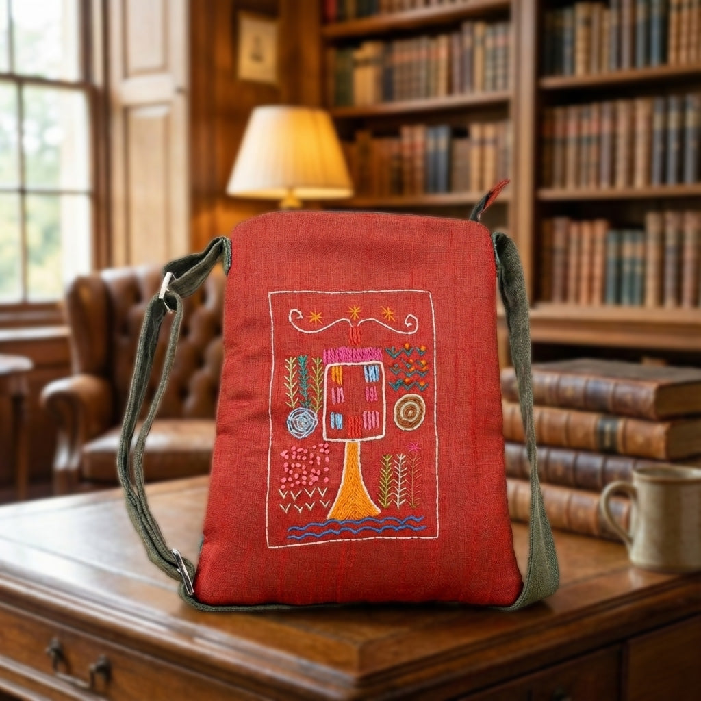 Handmade Embroidered Sling Bag | Quirky House & Tree Motif | Everyday Crossbody