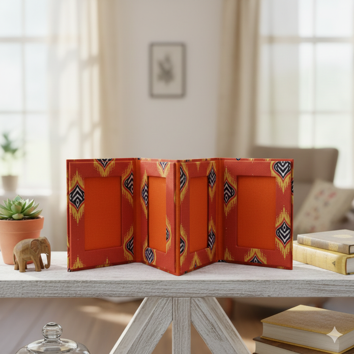 Indha Fold-Out Keep sake Photo Frame Folder – Orange Flame Abstract Print (Dupion Silk) | Gift for all seasons