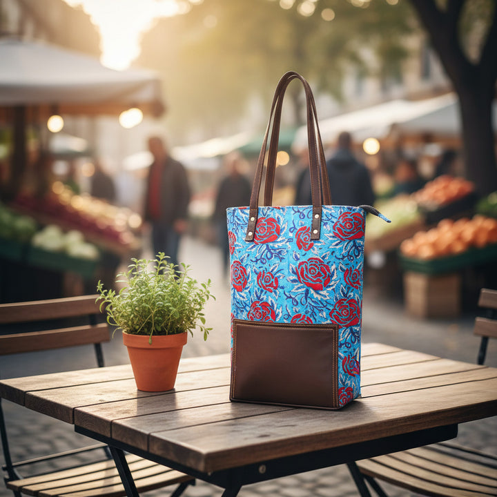 Hand Block Printed Cotton Tote Bag | Red-Blue Floral Pattern  | Hand Block Print | Everyday Shoulder Bag