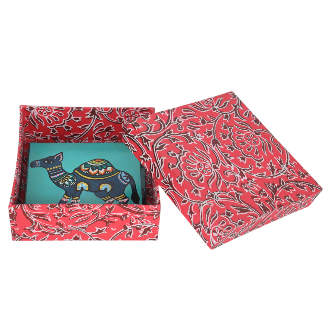 Indha Hand-Painted Repurposed Wood Coaster Set – Camel Print (Set of 6)