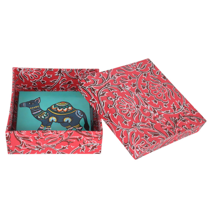 Indha Hand-Painted Repurposed Wood Coaster Set – Camel Print (Set of 6)