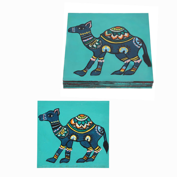 Indha Hand-Painted Repurposed Wood Coaster Set – Camel Print (Set of 6)
