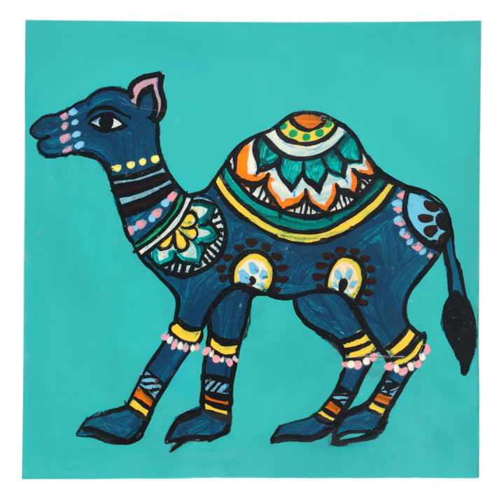 Indha Hand-Painted Repurposed Wood Coaster Set – Camel Print (Set of 6)