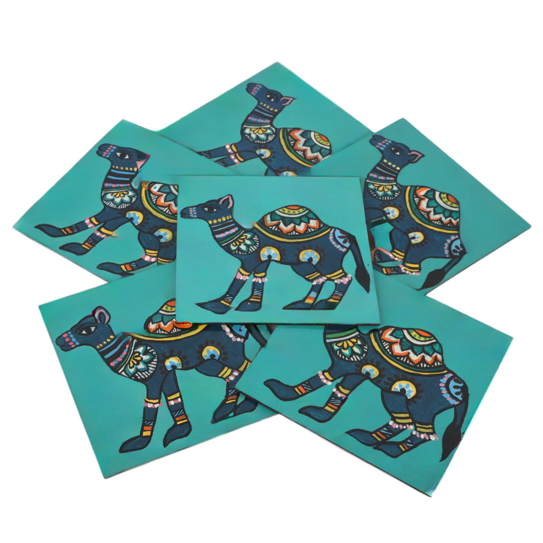 Indha Hand-Painted Repurposed Wood Coaster Set – Camel Print (Set of 6)
