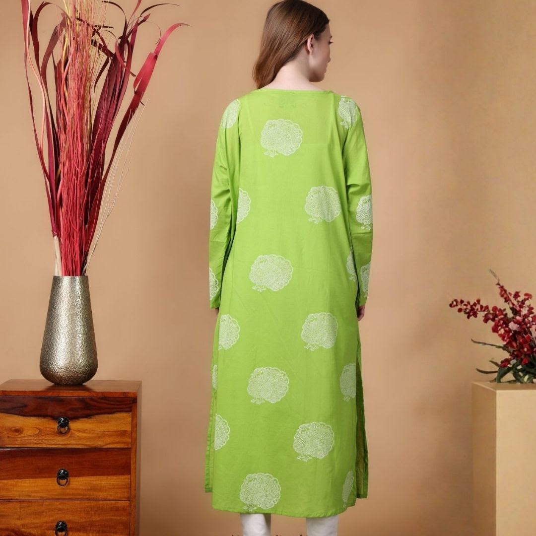 Indha Shrug | Green Cotton Shrug | Hand Block Printed White Peacock Design Motif | Hand Block Printed Shrug | Full Sleeves Shrug | Shrugs For Women | Traditional Shrugs | Gifting | Fashion Wear | Indo Western Shrug | Fashion Apparel | Ethnic