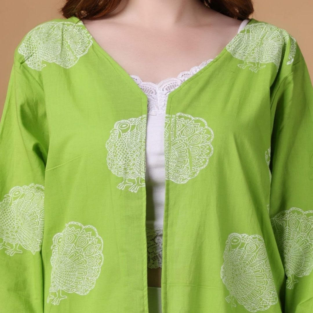 Indha Shrug | Green Cotton Shrug | Hand Block Printed White Peacock Design Motif | Hand Block Printed Shrug | Full Sleeves Shrug | Shrugs For Women | Traditional Shrugs | Gifting | Fashion Wear | Indo Western Shrug | Fashion Apparel | Ethnic