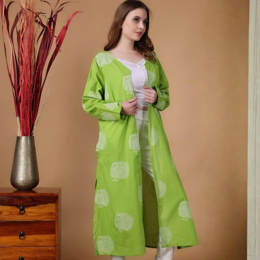 Indha Shrug | Green Cotton Shrug | Hand Block Printed White Peacock Design Motif | Hand Block Printed Shrug | Full Sleeves Shrug | Shrugs For Women | Traditional Shrugs | Gifting | Fashion Wear | Indo Western Shrug | Fashion Apparel | Ethnic