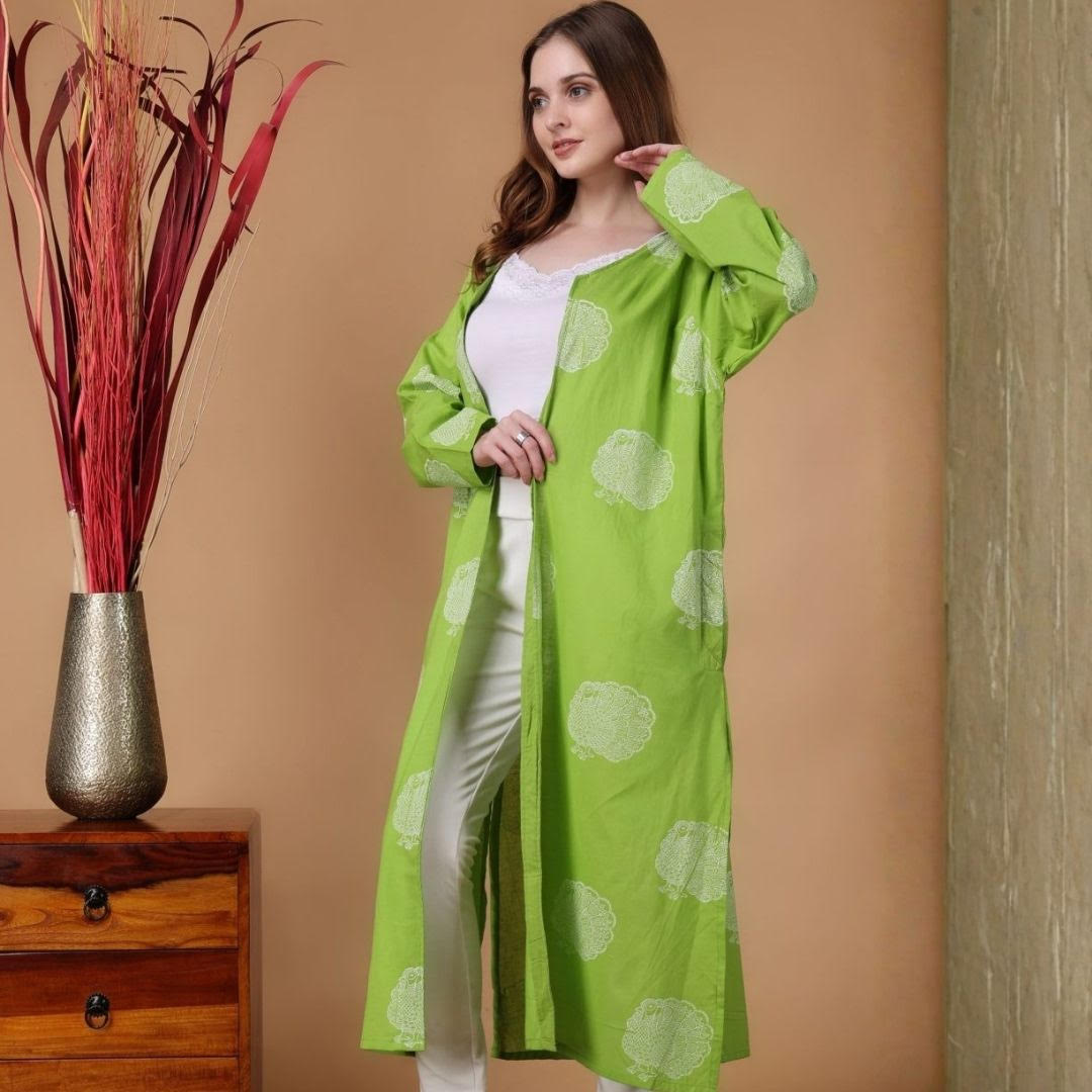 Indha Shrug | Green Cotton Shrug | Hand Block Printed White Peacock Design Motif | Hand Block Printed Shrug | Full Sleeves Shrug | Shrugs For Women | Traditional Shrugs | Gifting | Fashion Wear | Indo Western Shrug | Fashion Apparel | Ethnic