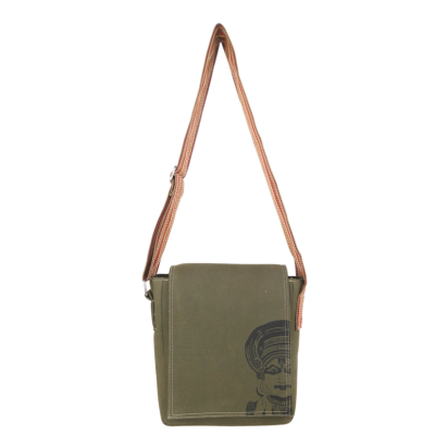 Green Canvas crossbody bag with a brown adjustable strap on a white background (Hanging View)