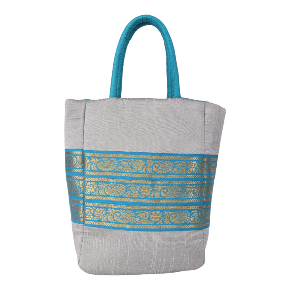 Indha Grey Dupion Silk Gift Bag with Lace Patch – A Chic and Versatile Bag for Gifting and Stylish Daily Use
